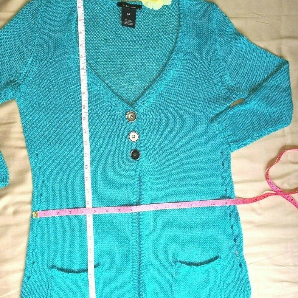 Alison Sheri Teal Blue Knit Cardigan‎ 3/4 sleeve - Picture 5 of 5